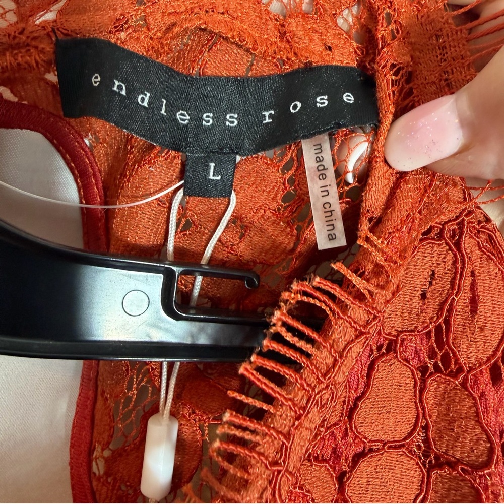 Endless Rose NWT Women’s Rust Orange Lace Long Bell Sleeve Bodysuit Size Large. - Picture 3 of 16